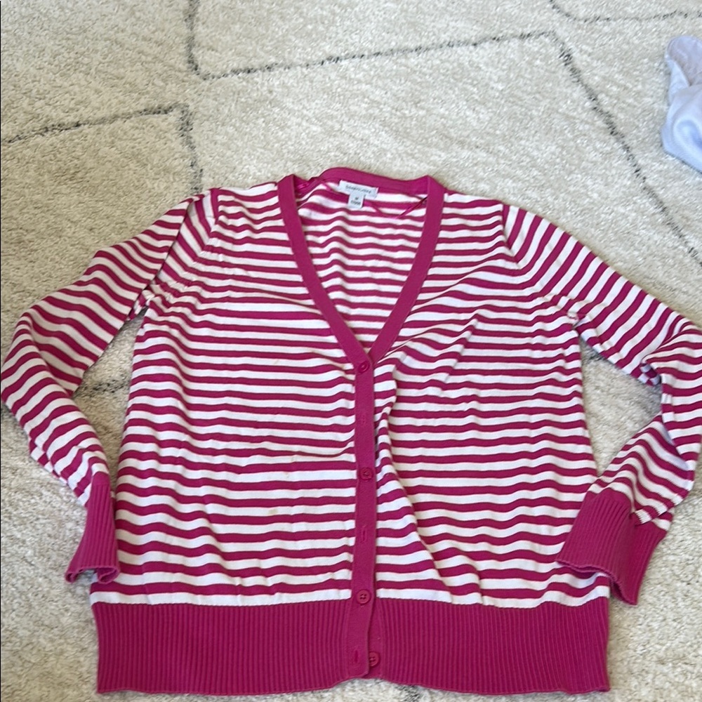 Pink and White Striped Knit Cardigan Sweater